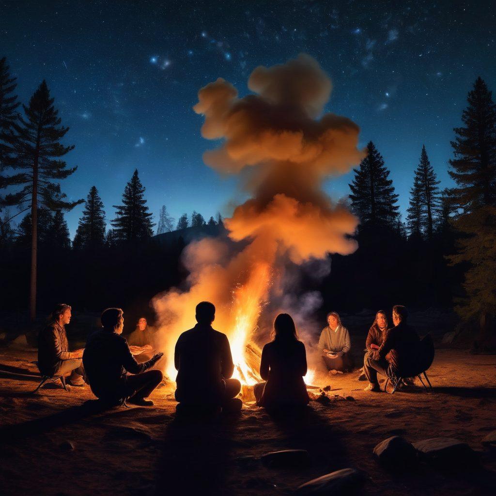 A diverse group of storytellers gathered around a large, captivating campfire, exchanging personal insights and crafting narrative ideas. The scene is illuminated by glowing embers and warm light amidst a starry night sky. Wisps of smoke create swirling shapes that symbolize different stories. Include notepads, pens, and laptop screens with vibrant visuals representing various storytelling aspects. super-realistic. vibrant colors. starry night background.