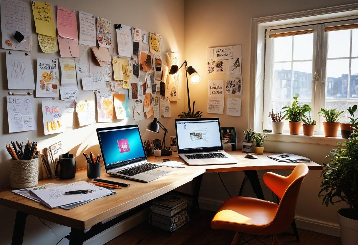 A dynamic workspace filled with creative tools: laptops, notebooks, colorful pens, and sketches, with an inspiring vision board on the wall. A person passionately writing while surrounded by vibrant ideas and content creation materials, symbolizing innovation and transformation in blogging. Light streaming through a window, casting a warm glow. vibrant colors. modern aesthetic. 3D.